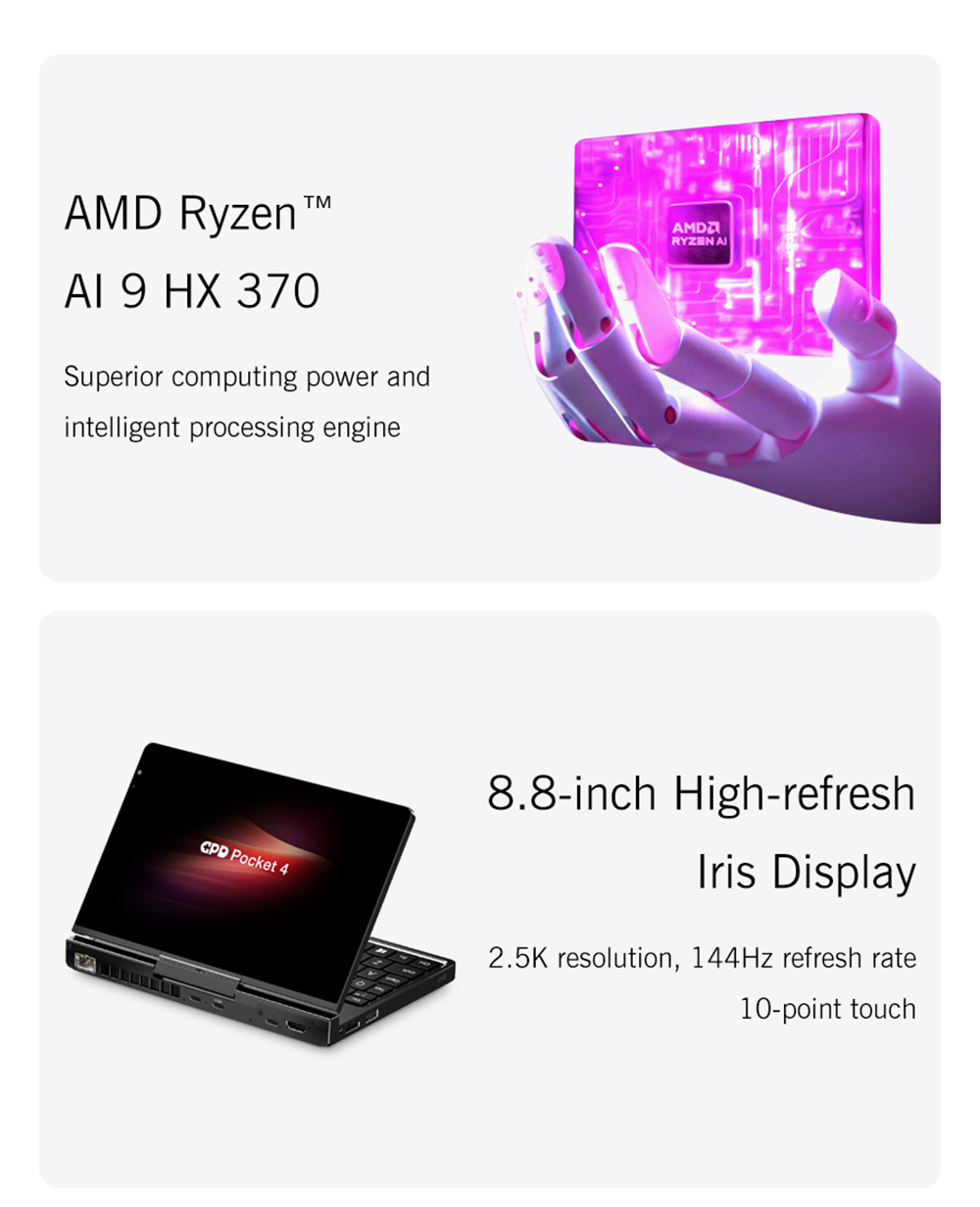 GPD Pocket 4 Handheld Laptop, 8.8'' 2560*1600 Touchscreen, 144Hz Refresh Rate, AMD Ryzen AI 9 HX 370 12 Cores Max 5.1GHz, 64GB RAM 2TB SSD, WiFi6E Bluetooth5.3, 1*USB4, 1*HDMI, 1*Full-Featured USB-C, 1*USB3.2, 1*USB2.0, 1*microSD, 1*RJ45 - EU Plug