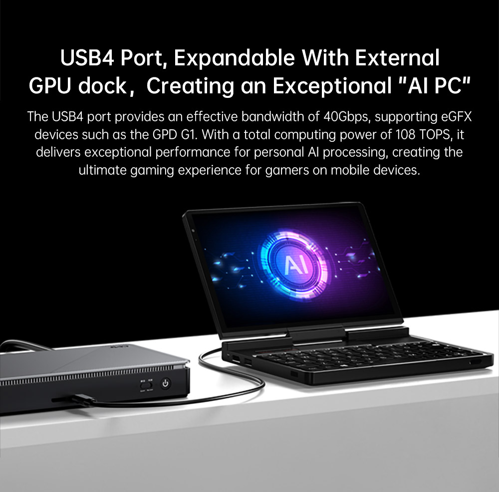 GPD Pocket 4 Handheld Laptop, 8.8'' 2560*1600 Touchscreen, 144Hz Refresh Rate, AMD Ryzen AI 9 HX 370 12 Cores Max 5.1GHz, 64GB RAM 2TB SSD, WiFi6E Bluetooth5.3, 1*USB4, 1*HDMI, 1*Full-Featured USB-C, 1*USB3.2, 1*USB2.0, 1*microSD, 1*RJ45 - EU Plug