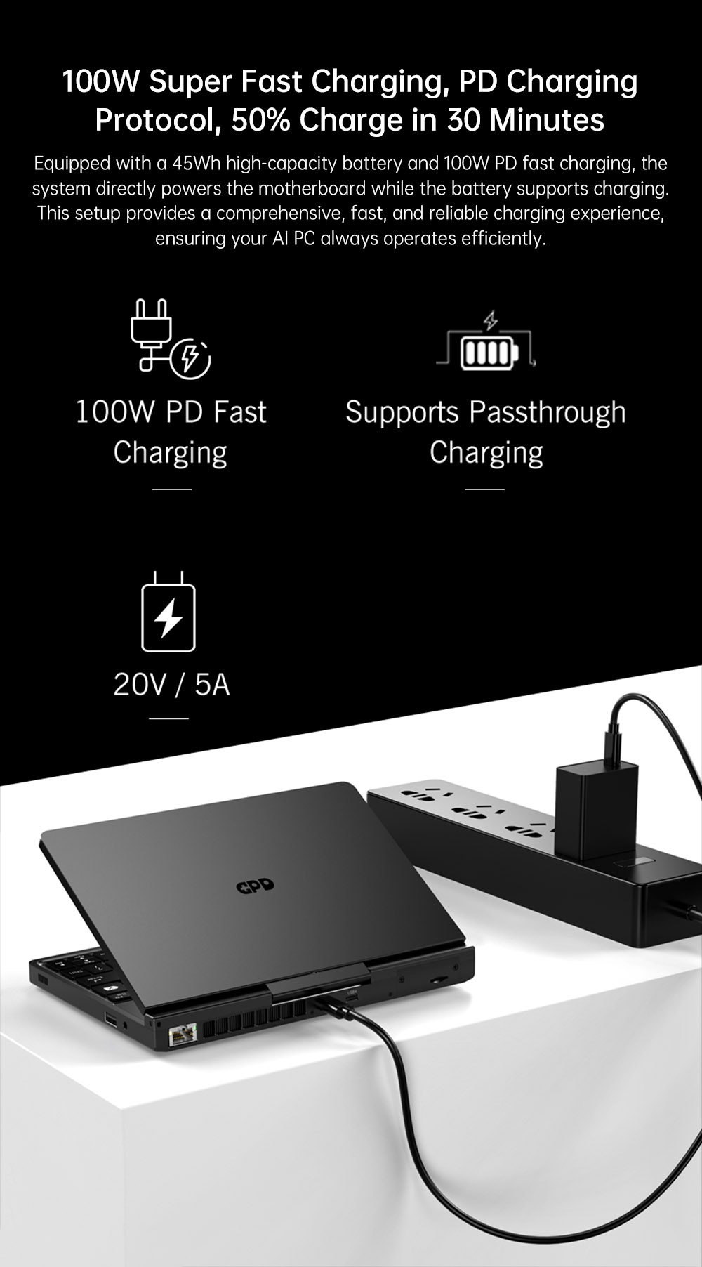 GPD Pocket 4 Handheld Laptop, 8.8'' 2560*1600 Touchscreen, 144Hz Refresh Rate, AMD Ryzen AI 9 HX 370 12 Cores Max 5.1GHz, 64GB RAM 2TB SSD, WiFi6E Bluetooth5.3, 1*USB4, 1*HDMI, 1*Full-Featured USB-C, 1*USB3.2, 1*USB2.0, 1*microSD, 1*RJ45 - EU Plug