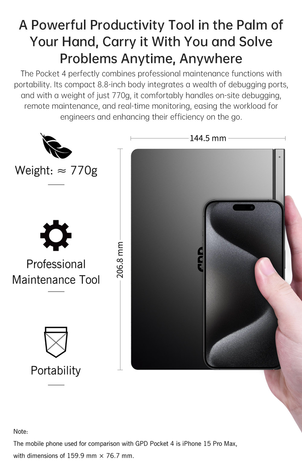 GPD Pocket 4 Handheld Laptop, 8.8'' 2560*1600 Touchscreen, 144Hz Refresh Rate, AMD Ryzen AI 9 HX 370 12 Cores Max 5.1GHz, 64GB RAM 2TB SSD, WiFi6E Bluetooth5.3, 1*USB4, 1*HDMI, 1*Full-Featured USB-C, 1*USB3.2, 1*USB2.0, 1*microSD, 1*RJ45 - US Plug