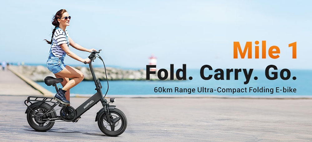 HillMiles Mile 1 Electric Bike, 250W Motor, 36V 10.4Ah Battery, 14 inch Tires, 25km/h Max Speed, 60km Range, Mechanical Disc Brakes, Front Fork Suspension - Blue