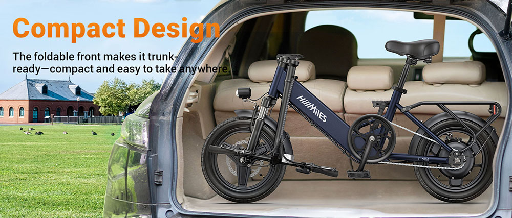 HillMiles Mile 1 Electric Bike, 250W Motor, 36V 10.4Ah Battery, 14 inch Tires, 25km/h Max Speed, 60km Range, Mechanical Disc Brakes, Front Fork Suspension - Blue