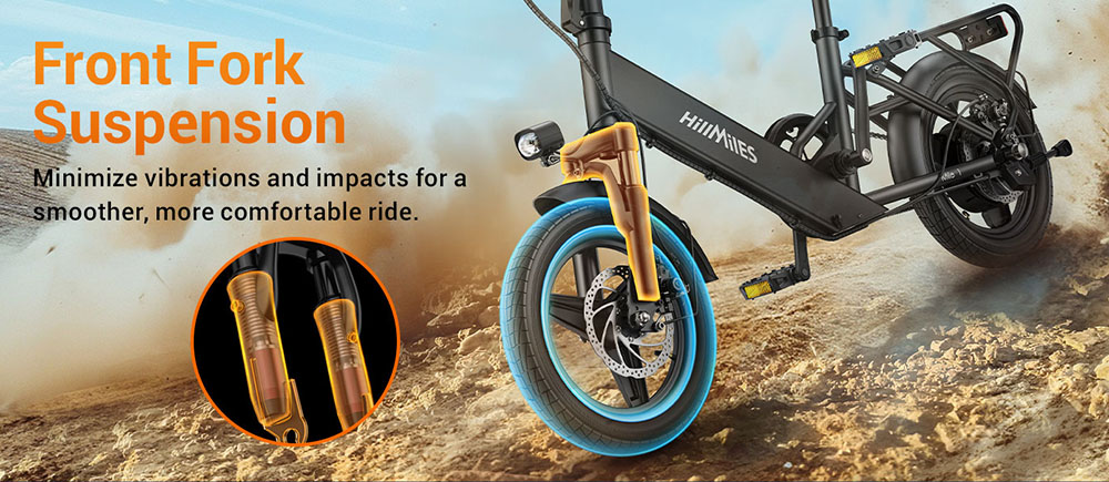 HillMiles Mile 1 Electric Bike, 250W Motor, 36V 10.4Ah Battery, 14 inch Tires, 25km/h Max Speed, 60km Range, Mechanical Disc Brakes, Front Fork Suspension - Blue