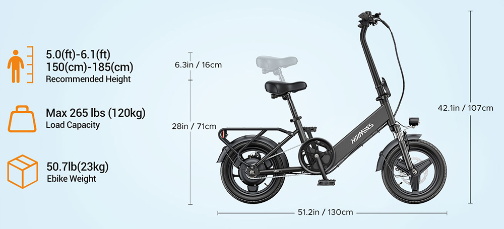 HillMiles Mile 1 Electric Bike, 250W Motor, 36V 10.4Ah Battery, 14 inch Tires, 25km/h Max Speed, 60km Range, Mechanical Disc Brakes, Front Fork Suspension - Blue