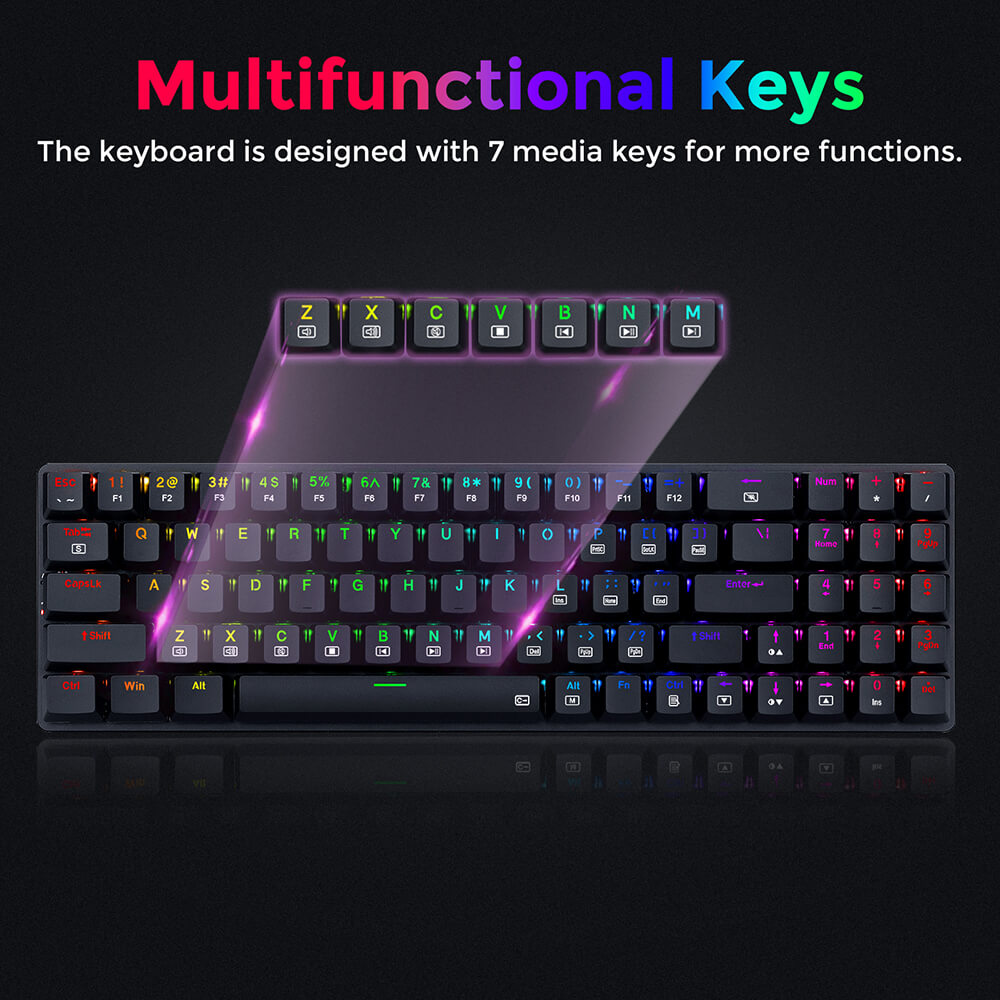 Refurbished Redragon K626P-KB Ashe 78 Keys Wired RGB Compact Mechanical Keyboard Ultra-Thin with Numpad Blue Switch - Black