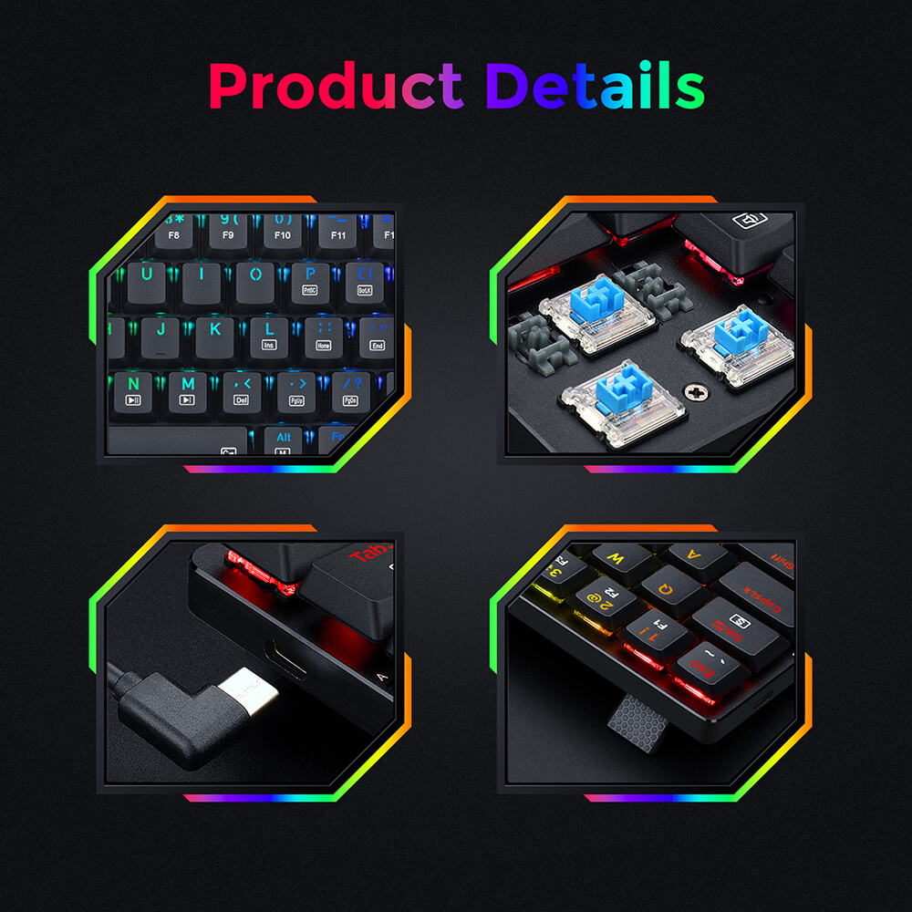 Refurbished Redragon K626P-KB Ashe 78 Keys Wired RGB Compact Mechanical Keyboard Ultra-Thin with Numpad Blue Switch - Black