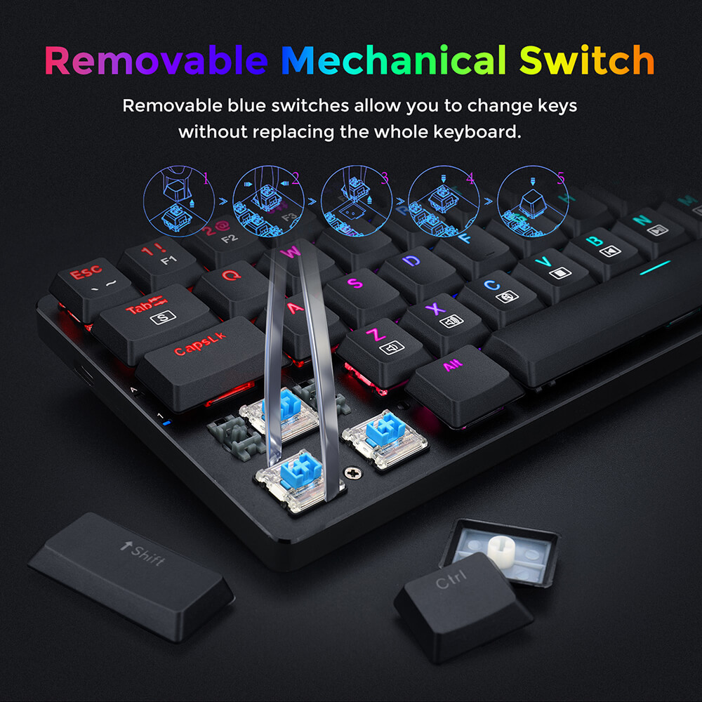 Refurbished Redragon K626P-KB Ashe 78 Keys Wired RGB Compact Mechanical Keyboard Ultra-Thin with Numpad Blue Switch - Black