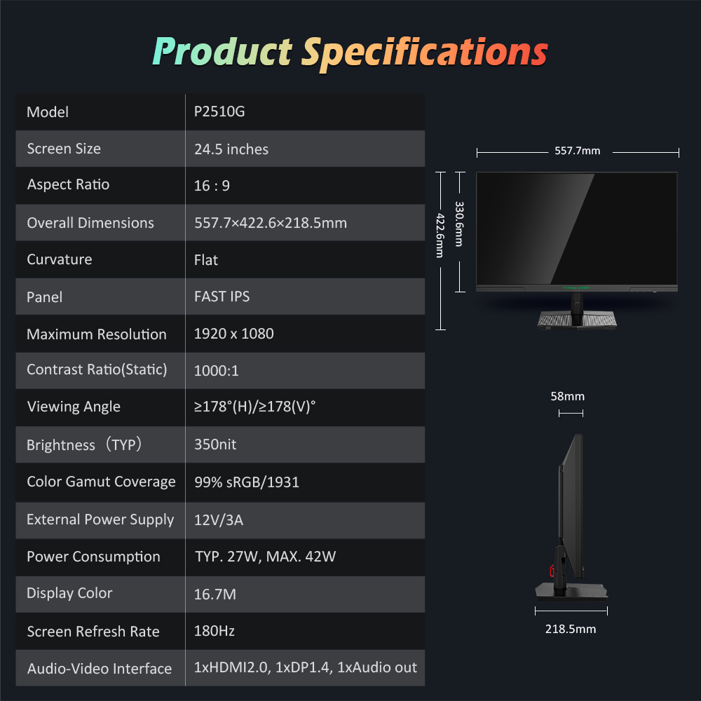 Refurbished TITAN ARMY P2510G Gaming Monitor, 24.5'' 1920*1080 FAST IPS Screen, 180Hz Refresh Rate, HDR10, 99% sRGB, 1ms GTG, Adaptive Sync, Dynamic OD, Game Assist, 8 Scene Modes, Hardware Low Blue Light, 1*HDMI2.0 1*DP1.4 1* Audio