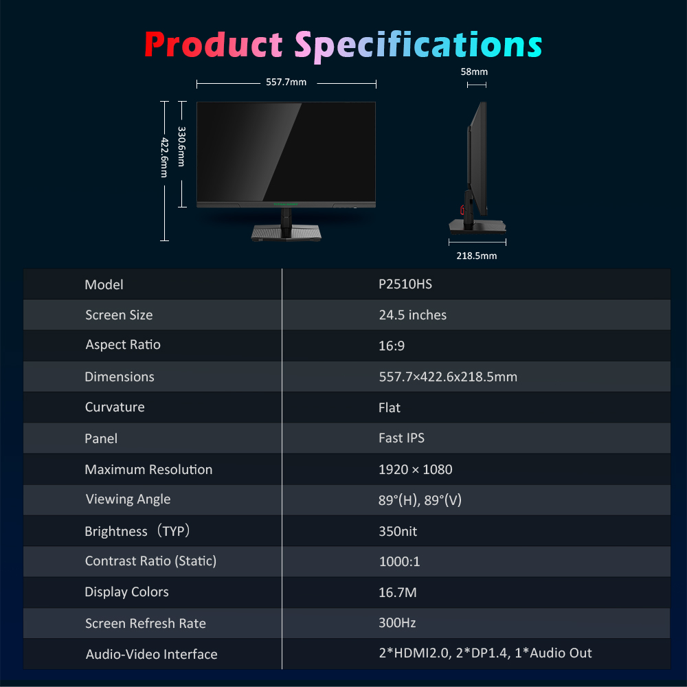 Refurbished TITAN ARMY P2510HS Gaming Monitor, 24.5-inch 1920*1080 CSOT Fast IPS Screen, 300Hz Refresh Rate, HDR400, 121% sRGB, 1ms GTG Response Time, Adaptive-Sync, Hardware Low Blue Light