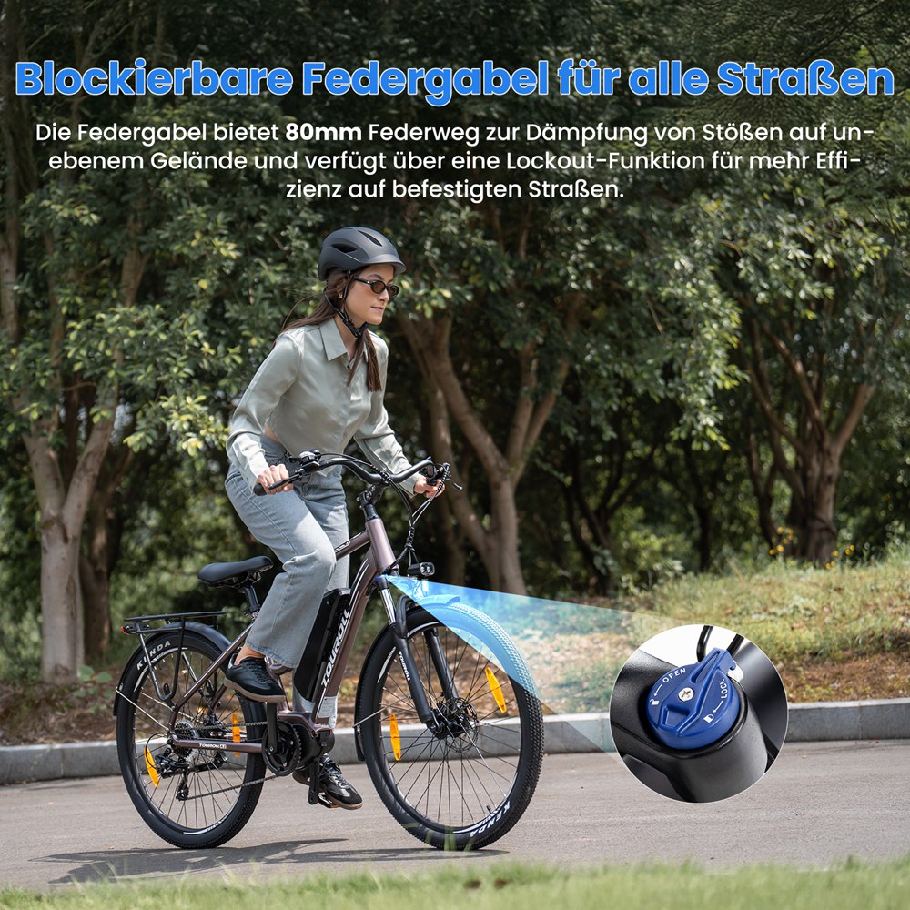 Touroll MA2 Elektrofahrrad, 250-W-Mittelmotor, 36-V-13-Ah-Akku, 27,5-Zoll-Reifen, 25 km/h Höchstgeschwindigkeit, 100 km maximale Reichweite, hydraulische Scheibenbremse, Federgabel mit Verriegelung, Shimano 7-Gang-Schaltung – Braun