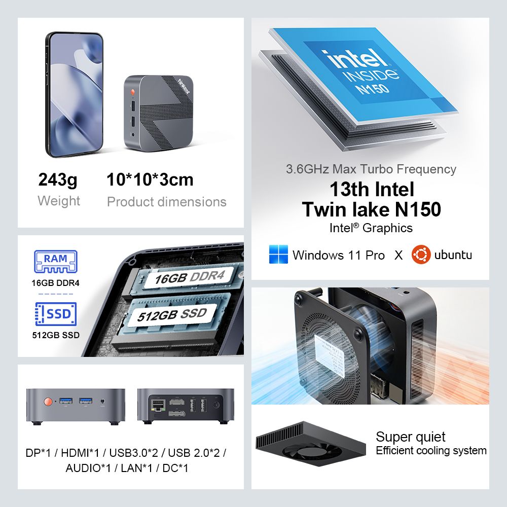 Ninkear MBOX 11 Mini PC, Intel Twin Lake N150 4 cœurs Max 3,6 GHz, 16 Go de RAM 512 Go SSD, HDMI2.0 + DP1.4 (4K@60Hz) Double écran, WiFi 5 Bluetooth 5.0, 2 * USB 3.0 2 * USB 2.0 1 * RJ45 1 * prise casque