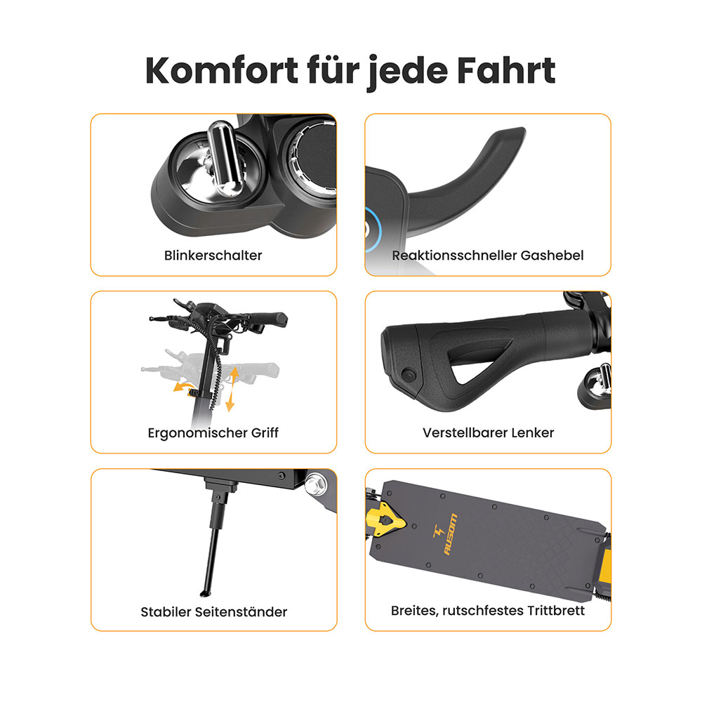 Ausom L1 Elektroroller, 800-W-Motor, 48-V-15,6-Ah-Akku, 10-Zoll-Reifen, 45 km/h Höchstgeschwindigkeit, 70 km Reichweite, Scheibenbremsen vorne und hinten, Doppelschwingenaufhängung, NFC- und Passcode-Sperre