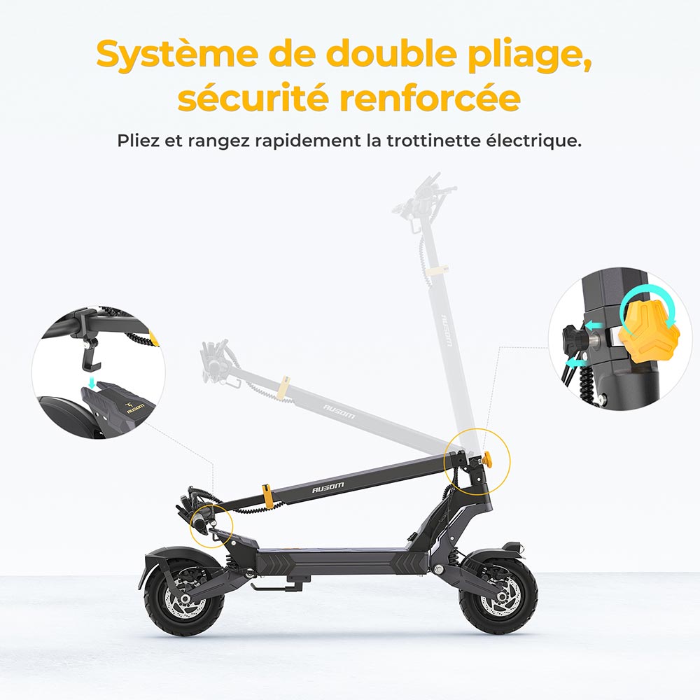 Ausom L2 Trottinette électrique, moteur 2 x 800 W, batterie 48 V 15,6 Ah, pneus 10 pouces, vitesse maximale 55 km/h, autonomie 70 km, freins à disque avant et arrière, suspension à bras oscillant, écran LCD