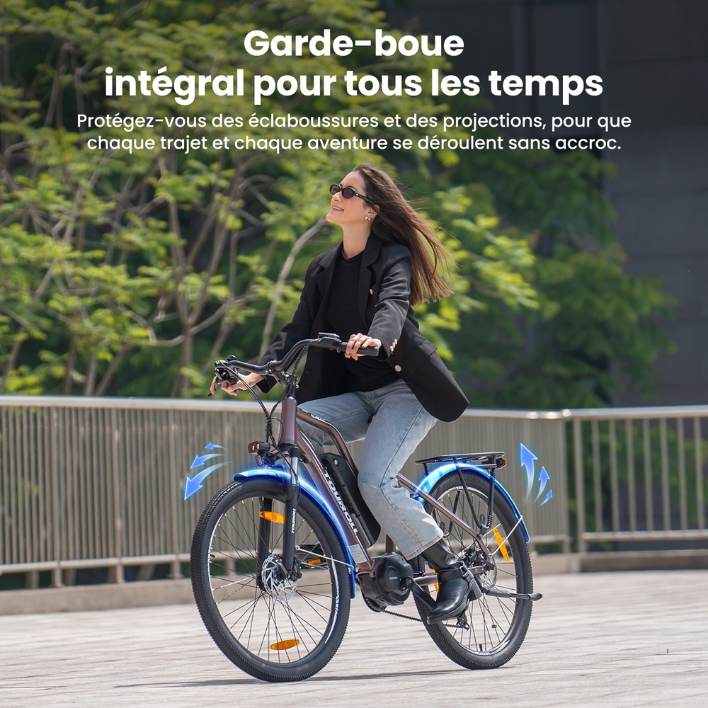 Touroll MA2 Vélo électrique, moteur central 250 W, batterie 36 V 13 Ah, pneus 27,5 pouces, vitesse maximale 25 km/h, autonomie maximale 100 km, frein à disque hydraulique, fourche à suspension avec blocage, transmission Shimano 7 vitesses - Marron