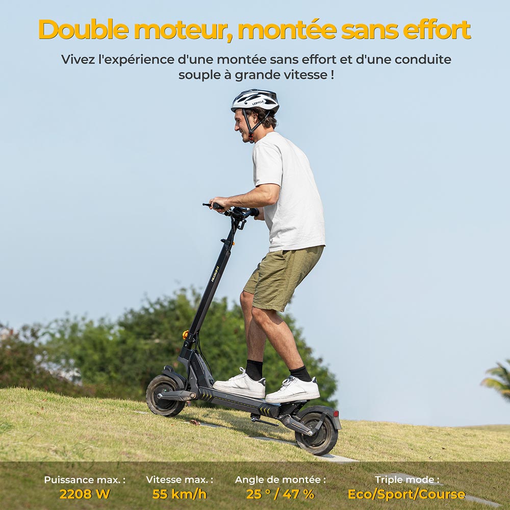 Ausom L2 Trottinette électrique, moteur 2 x 800 W, batterie 48 V 15,6 Ah, pneus 10 pouces, vitesse maximale 55 km/h, autonomie 70 km, freins à disque avant et arrière, suspension à bras oscillant, écran LCD