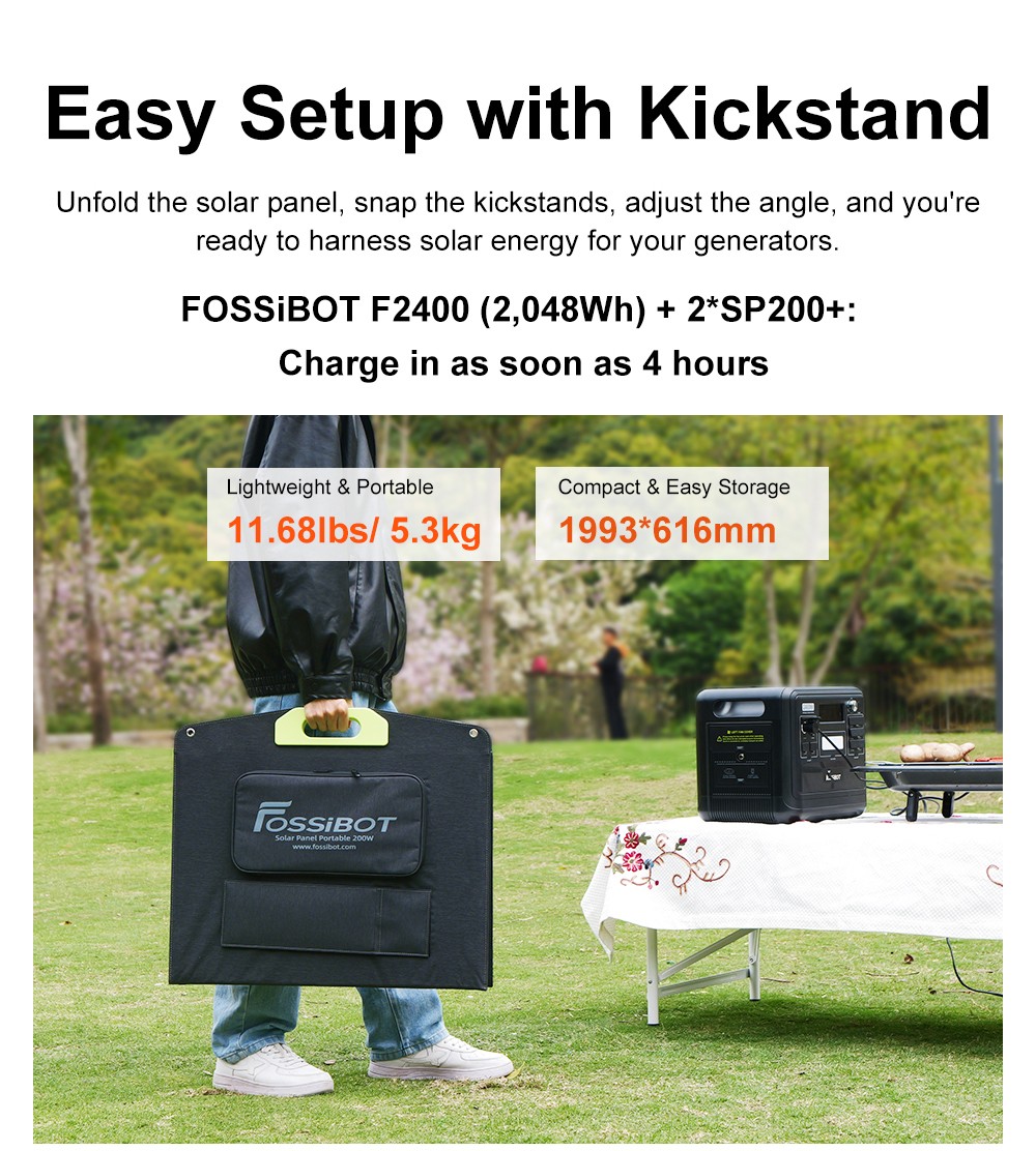 FOSSiBOT SP200 (Nouveau) 200W Panneau solaire pliable, Rendement cellulaire élevé 23,4%, Revêtement ETFE, Supports réglables pour maison, camping-car, camping, panne - Vert