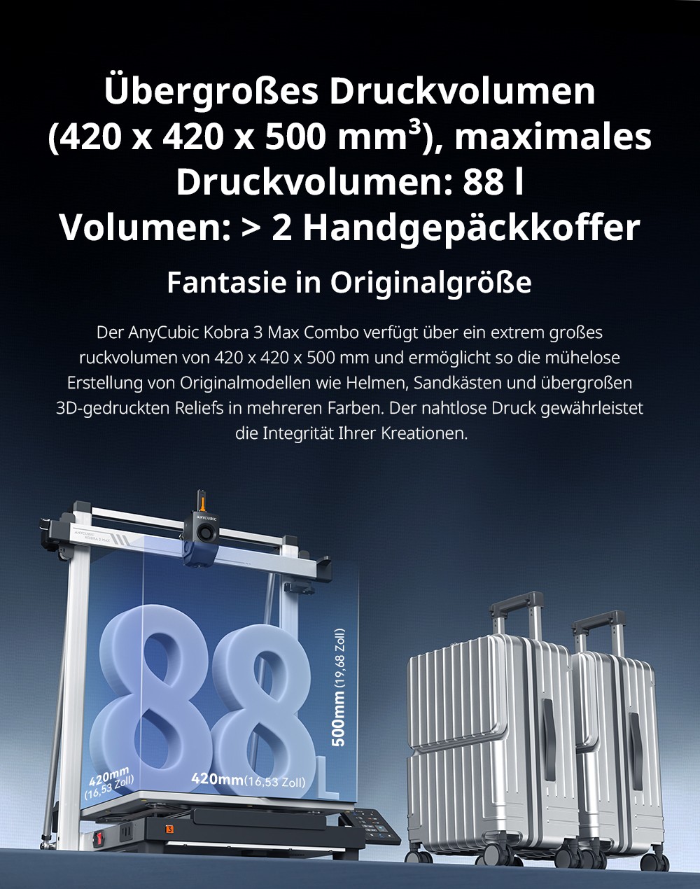 Anycubic Kobra 3 Max Combo 3D-Drucker, bis zu 8-Farben-Druck, ACE Pro Color Engine, 600 mm/s Hochgeschwindigkeitsdruck, automatische Nivellierung und Anti-Step-Lost, 420 x 420 x 500 mm