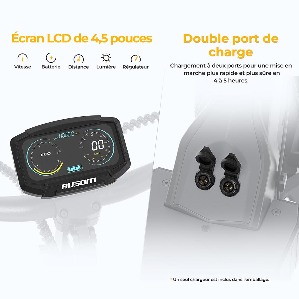 Ausom L2 Trottinette électrique, moteur 2 x 800 W, batterie 48 V 15,6 Ah, pneus 10 pouces, vitesse maximale 55 km/h, autonomie 70 km, freins à disque avant et arrière, suspension à bras oscillant, écran LCD