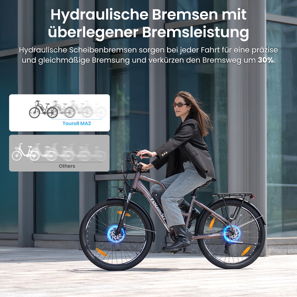 Touroll MA2 Elektrofahrrad, 250-W-Mittelmotor, 36-V-13-Ah-Akku, 27,5-Zoll-Reifen, 25 km/h Höchstgeschwindigkeit, 100 km maximale Reichweite, hydraulische Scheibenbremse, Federgabel mit Verriegelung, Shimano 7-Gang-Schaltung – Braun