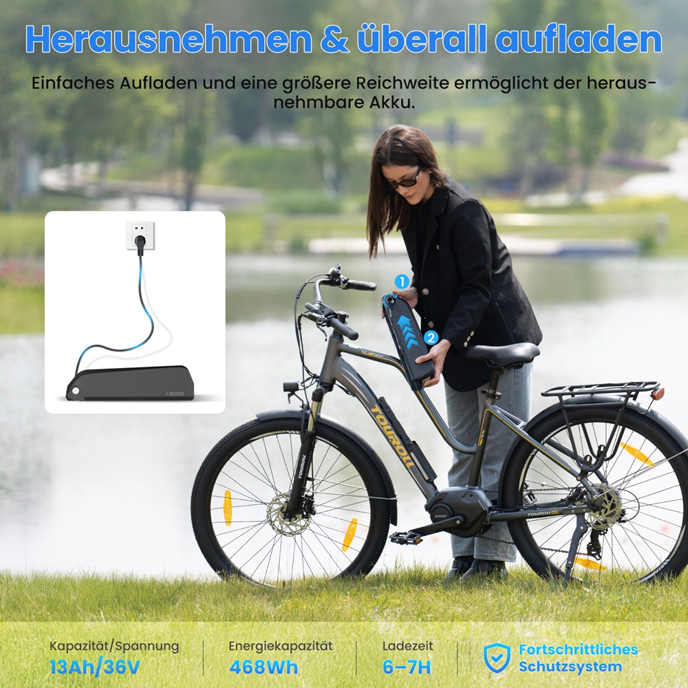 Touroll MA2 Elektrofahrrad, 250-W-Mittelmotor, 36-V-13-Ah-Akku, 27,5-Zoll-Reifen, 25 km/h Höchstgeschwindigkeit, 100 km maximale Reichweite, hydraulische Scheibenbremse, Federgabel mit Verriegelung, Shimano 7-Gang-Schaltung – Braun