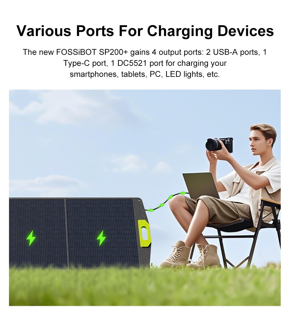 FOSSiBOT SP200 (Nouveau) 200W Panneau solaire pliable, Rendement cellulaire élevé 23,4%, Revêtement ETFE, Supports réglables pour maison, camping-car, camping, panne - Vert