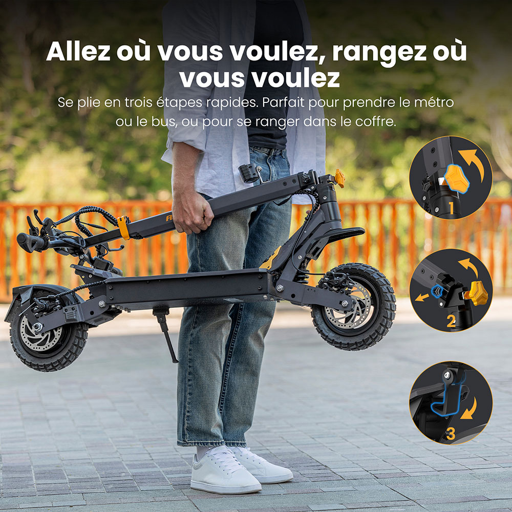 Ausom L1 Trottinette électrique, moteur 800 W, batterie 48 V 15,6 Ah, pneus 10 pouces, vitesse maximale 45 km/h, autonomie 70 km, freins à disque avant et arrière, suspension à double bras oscillant, verrouillage NFC et code d'accès