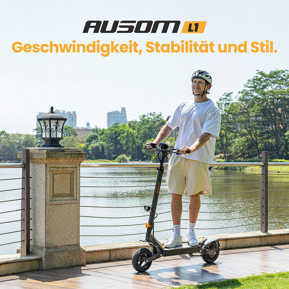 Ausom L1 Elektroroller, 800-W-Motor, 48-V-15,6-Ah-Akku, 10-Zoll-Reifen, 45 km/h Höchstgeschwindigkeit, 70 km Reichweite, Scheibenbremsen vorne und hinten, Doppelschwingenaufhängung, NFC- und Passcode-Sperre