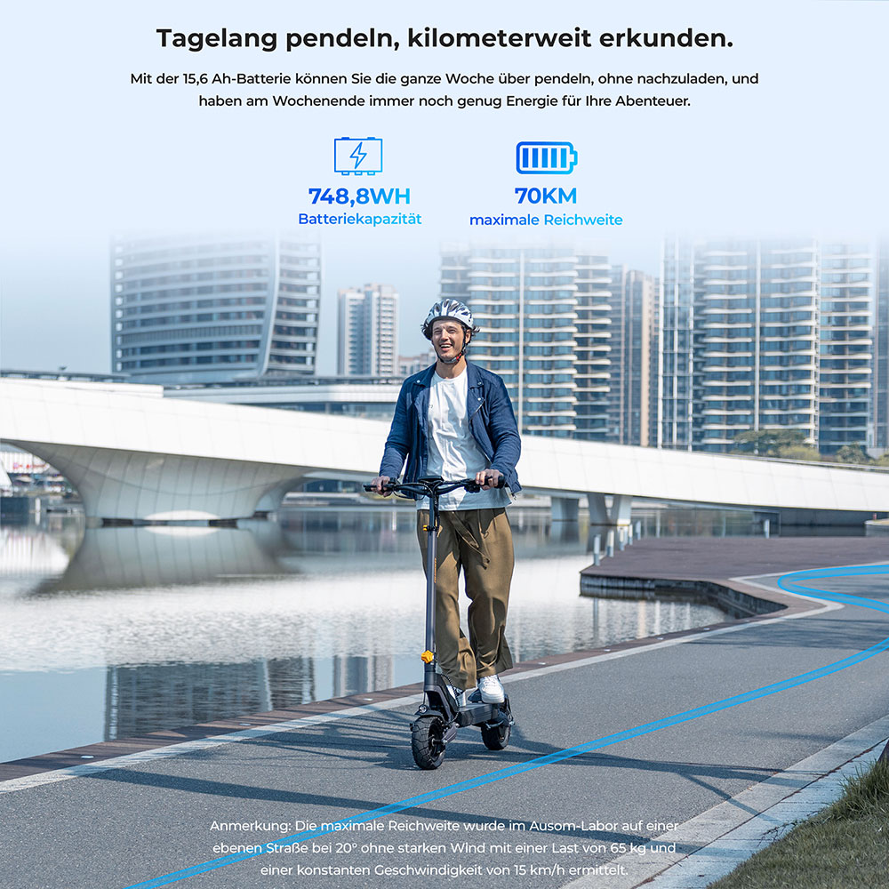 Ausom L2 Elektroroller, 800W Motor, 48V 15,6Ah Akku, 10 Zoll Reifen, 45 km/h Höchstgeschwindigkeit, 70 km Reichweite, Scheibenbremsen vorne und hinten, Schwingenfederung, LCD-Display