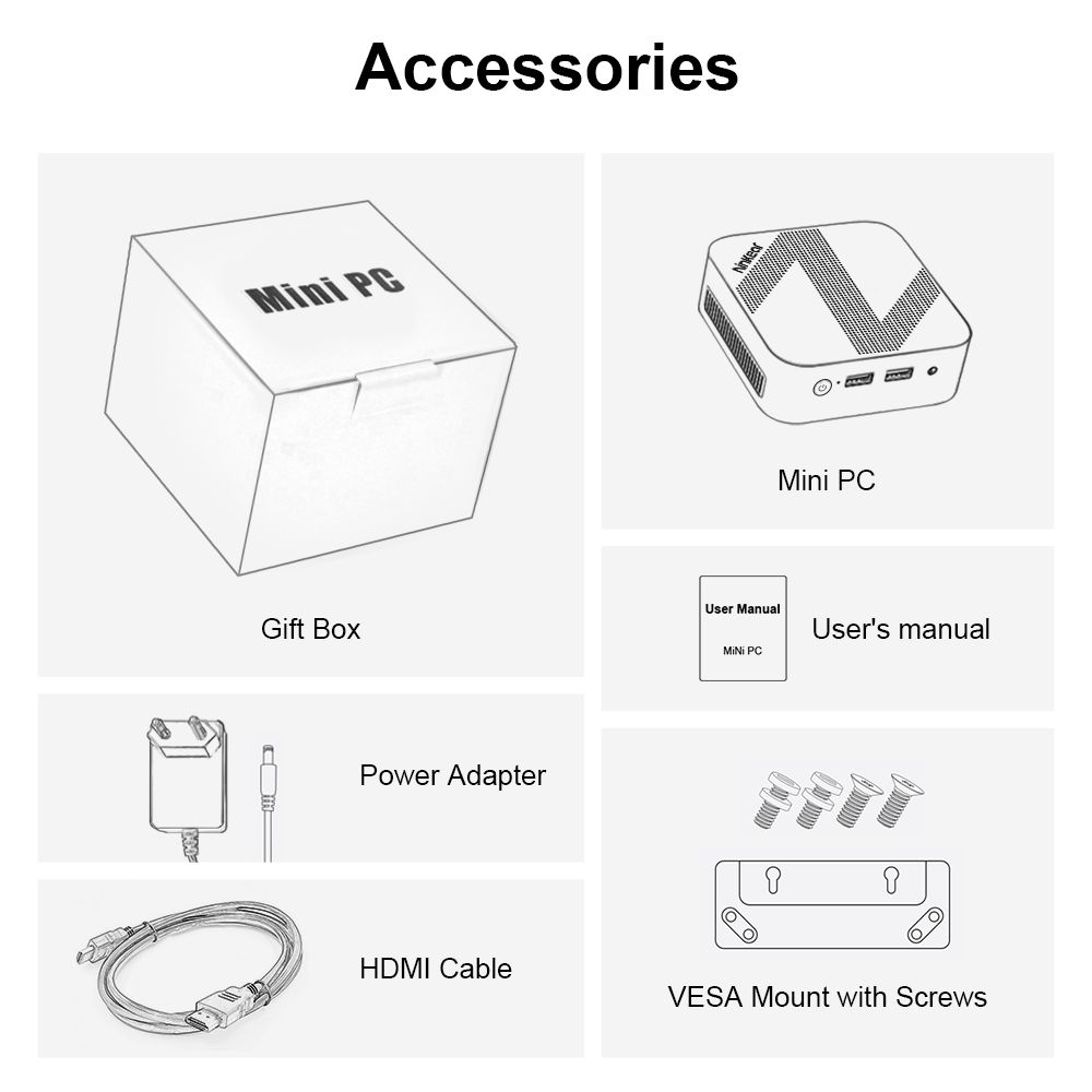 Ninkear MBOX 11 Mini PC, Intel Twin Lake N150 4 cœurs Max 3,6 GHz, 16 Go de RAM 512 Go SSD, HDMI2.0 + DP1.4 (4K@60Hz) Double écran, WiFi 5 Bluetooth 5.0, 2 * USB 3.0 2 * USB 2.0 1 * RJ45 1 * prise casque