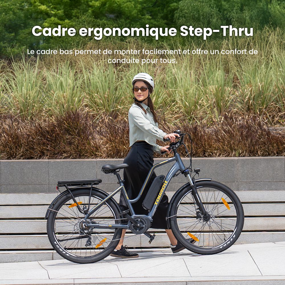 Touroll MA2 Vélo électrique, moteur central 250 W, batterie 36 V 13 Ah, pneus 27,5 pouces, vitesse maximale 25 km/h, autonomie maximale 100 km, frein à disque hydraulique, fourche à suspension avec blocage, transmission Shimano 7 vitesses - Marron