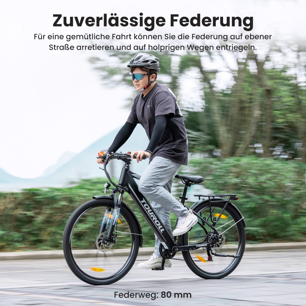 Touroll J1 Trekkingrad mit 250-W-Motor, 27,5-Zoll-Rädern, 561,6-Wh-Akku, 100 km Reichweite, mechanischer Scheibenbremse und E-Bremse (schwarz)