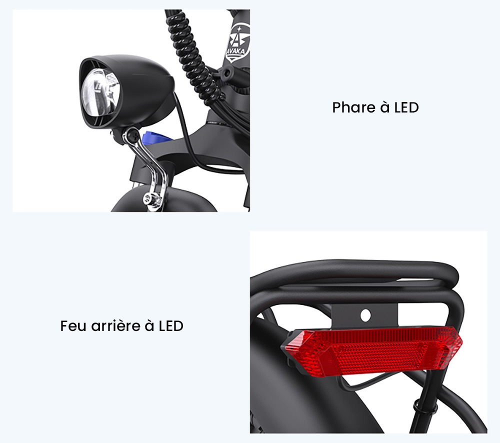 Vélo électrique pliable AVAKA K300, moteur 350 W, batterie 36 V 16 Ah, pneus 20 x 3,0 pouces, vitesse maximale 31 km/h, autonomie 100 km, freins à disque avant et arrière, écran LCD, SHIMANO 7 vitesses - Blanc