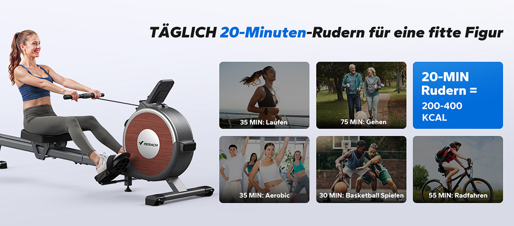 MERACH Q1S Magnetisches Rudergerät, 16-stufiger Widerstand, 160kg Kapazität, Doppelschiene, LCD-Monitor, App-kompatibel, Manuelle Anpassung, Schwarz