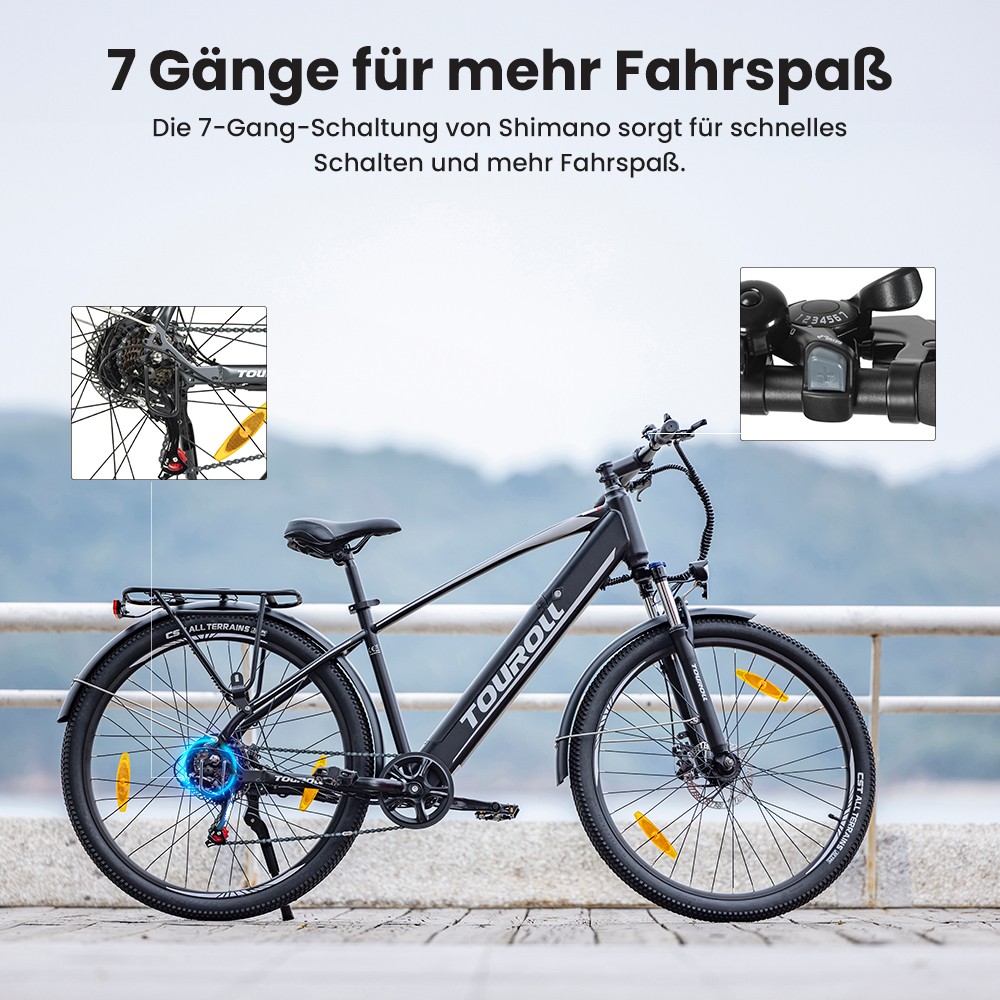 Touroll J1 Trekkingrad mit 250-W-Motor, 27,5-Zoll-Rädern, 561,6-Wh-Akku, 100 km Reichweite, mechanischer Scheibenbremse und E-Bremse (schwarz)