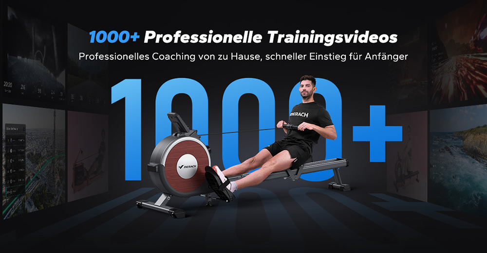 MERACH Q1S Magnetisches Rudergerät, 16-stufiger Widerstand, 160kg Kapazität, Doppelschiene, LCD-Monitor, App-kompatibel, Manuelle Anpassung, Schwarz