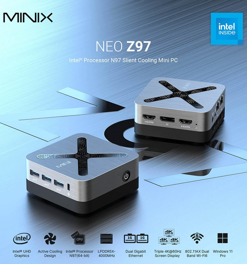 MINIX NEO Z97 Mini PC, Intel N97 4 Cores Max 3.6GHz, 12GB LPDDR5X RAM 512GB SSD, WiFi 6 Bluetooth 5.2, 2*HDMI+1*DP 4K Triple Display, 3*USB3.2, 2*RJ45, 1*Audio, Active Cooling
