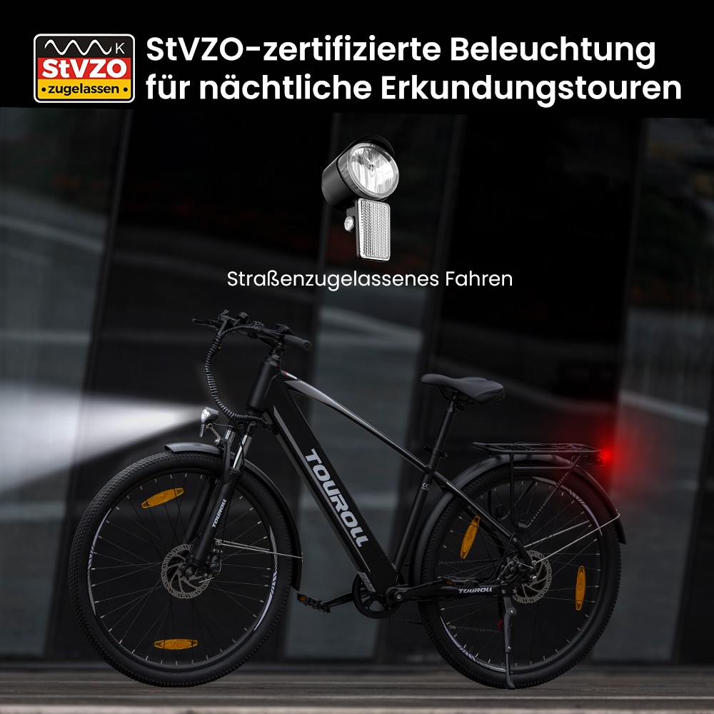 Touroll J1 Trekkingrad mit 250-W-Motor, 27,5-Zoll-Rädern, 561,6-Wh-Akku, 100 km Reichweite, mechanischer Scheibenbremse und E-Bremse (schwarz)