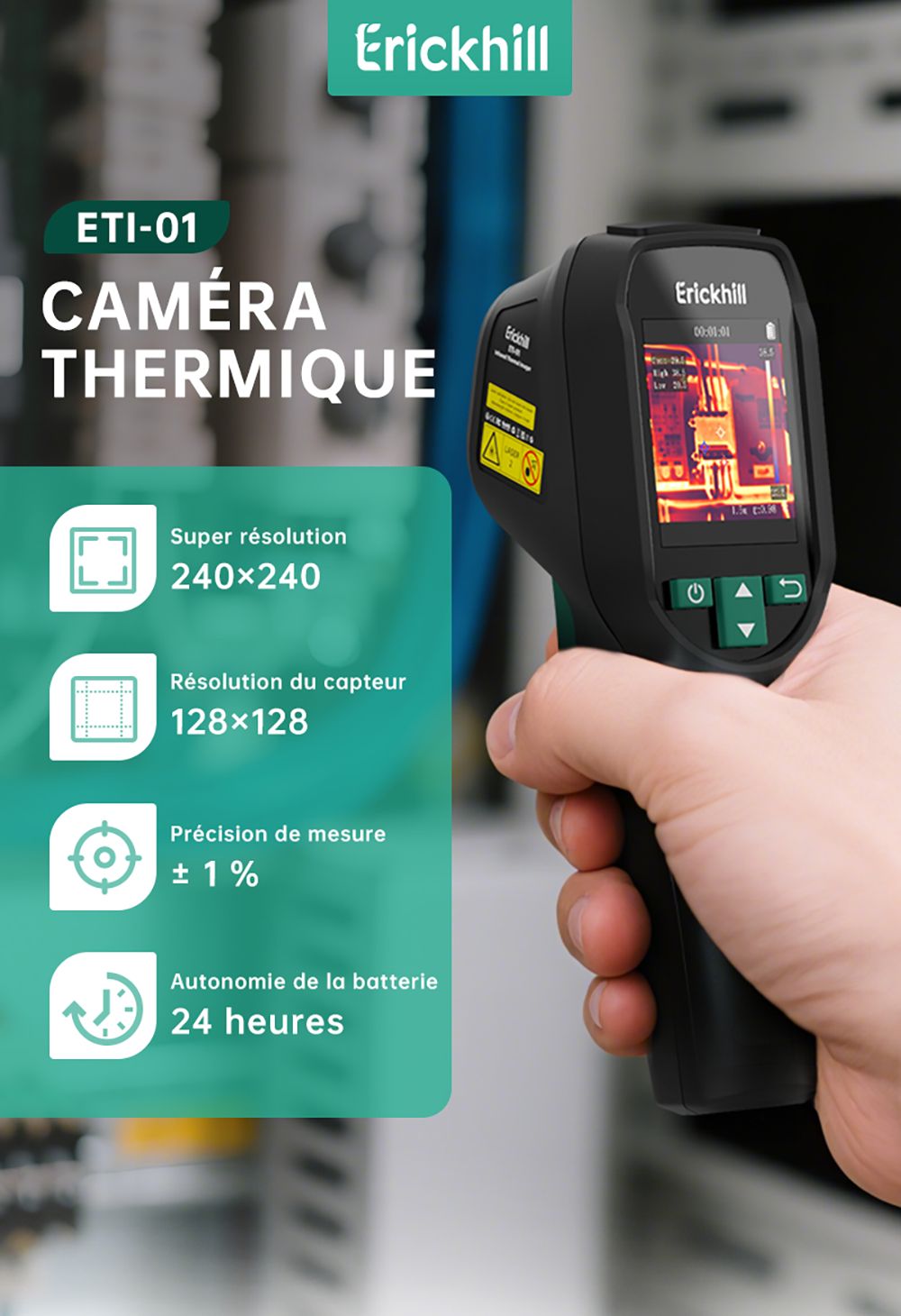 ERICKHILL ETI-01 Caméra Thermique, 240×240 IR, 20Hz, Plage de -20°C à 550°C, Détecteur Fuites HVAC, Pointeur Laser