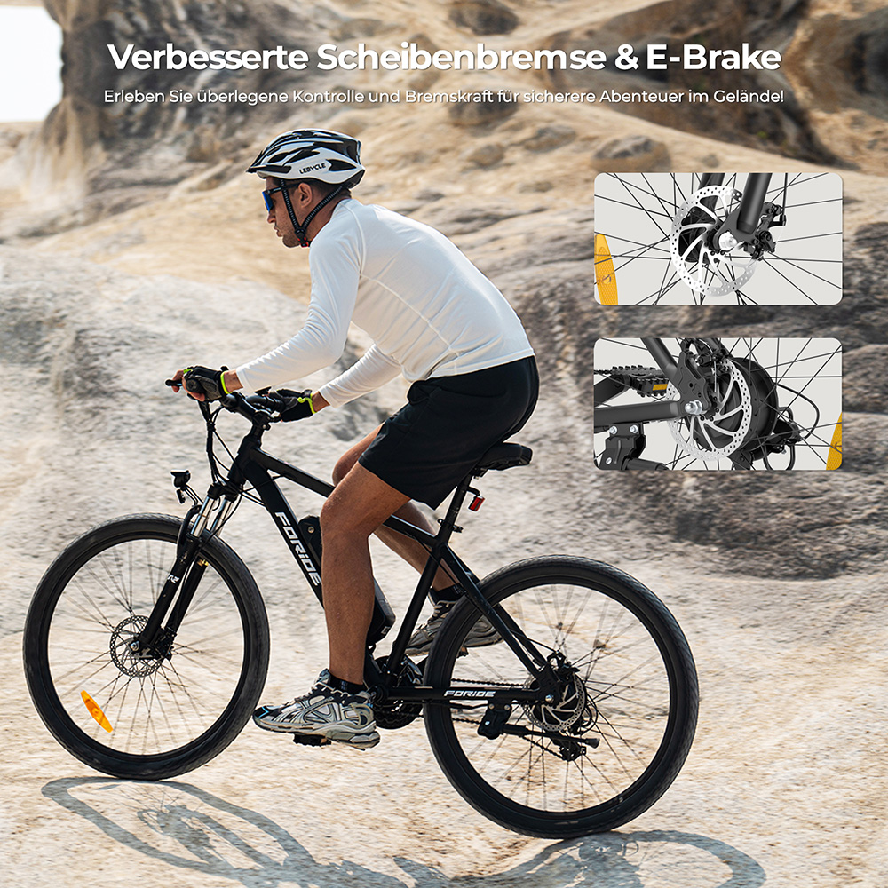 Foride Xtremer 1 Elektrofahrrad, 250W Motor, 36V 13Ah Akku, 27,5 Zoll Reifen, 25 km/h Höchstgeschwindigkeit, 100 km maximale Reichweite, Scheibenbremse und E-Bremse, Federung mit Sperre, Shimano 21-Gang-Schaltung