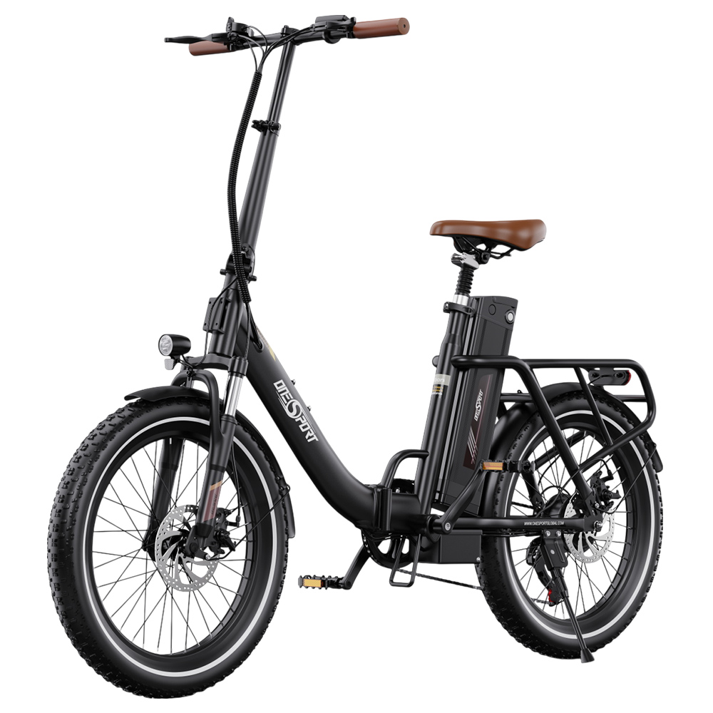 ONESPORT OT16 Vélo électrique, Pneus 20*3,0 pouces, batterie 48V 17Ah, Vitesse maximale 25km/h, 3 modes de conduite, Freins à disque, 7 vitesses - Noir et marron