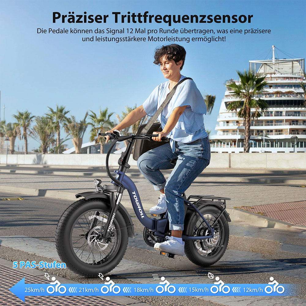 Touroll S2 Elektrofahrrad, 650 W max. Leistung, 48 V 15 Ah Akku, 20 x 4,0 Zoll Reifen, 25 km/h Max. Geschwindigkeit, 150 km max. Reichweite, mechanische Scheibenbremse & E-Bremse, mechanischer Stoßdämpfer, Shimano 7-Gang-Getriebe