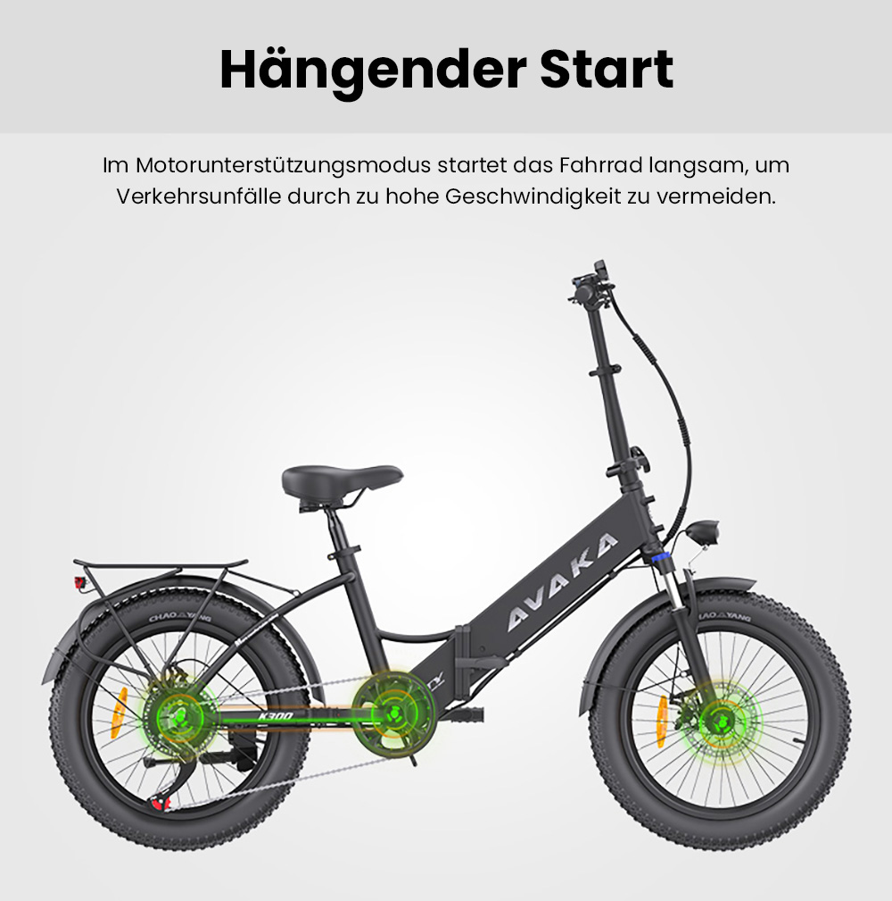 AVAKA K300 Faltbares Elektrofahrrad, 350 W Motor, 36 V 16 Ah Akku, 20 x 3,0 Zoll Reifen, 31 km/h Höchstgeschwindigkeit, 100 km Reichweite, Scheibenbremsen vorne und hinten, LCD-Display, SHIMANO 7-Gang - Weiß