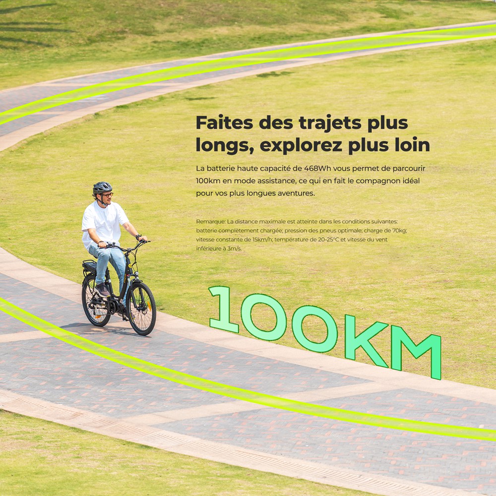 Eleglide C2 Vélo électrique, moteur central 250 W, batterie 36 V 13 Ah, pneus 26 pouces, vitesse maximale 25 km/h, autonomie 100 km, freins à disque hydrauliques, suspension avec blocage, transmission Shimano 7 vitesses