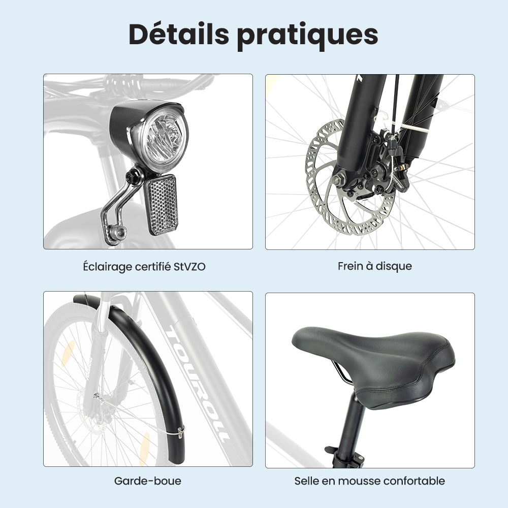 Touroll J1 Vélo de randonnée, 27,5 pouces, avec moteur 250 W, batterie 36 V 15,6 Ah, autonomie maximale 100 km, écran LCD 1,8