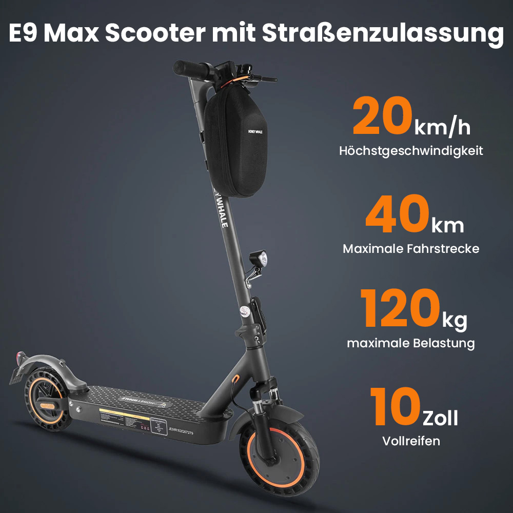 HONEY WHALE E9 MAX Elektroroller, 500-W-Motor, 36-V-10-Ah-Akku, 10-Zoll-Reifen, 20 km/h Höchstgeschwindigkeit, 35–40 km Reichweite, mechanische Bremse und elektronische Bremse, ABE-Zertifizierung