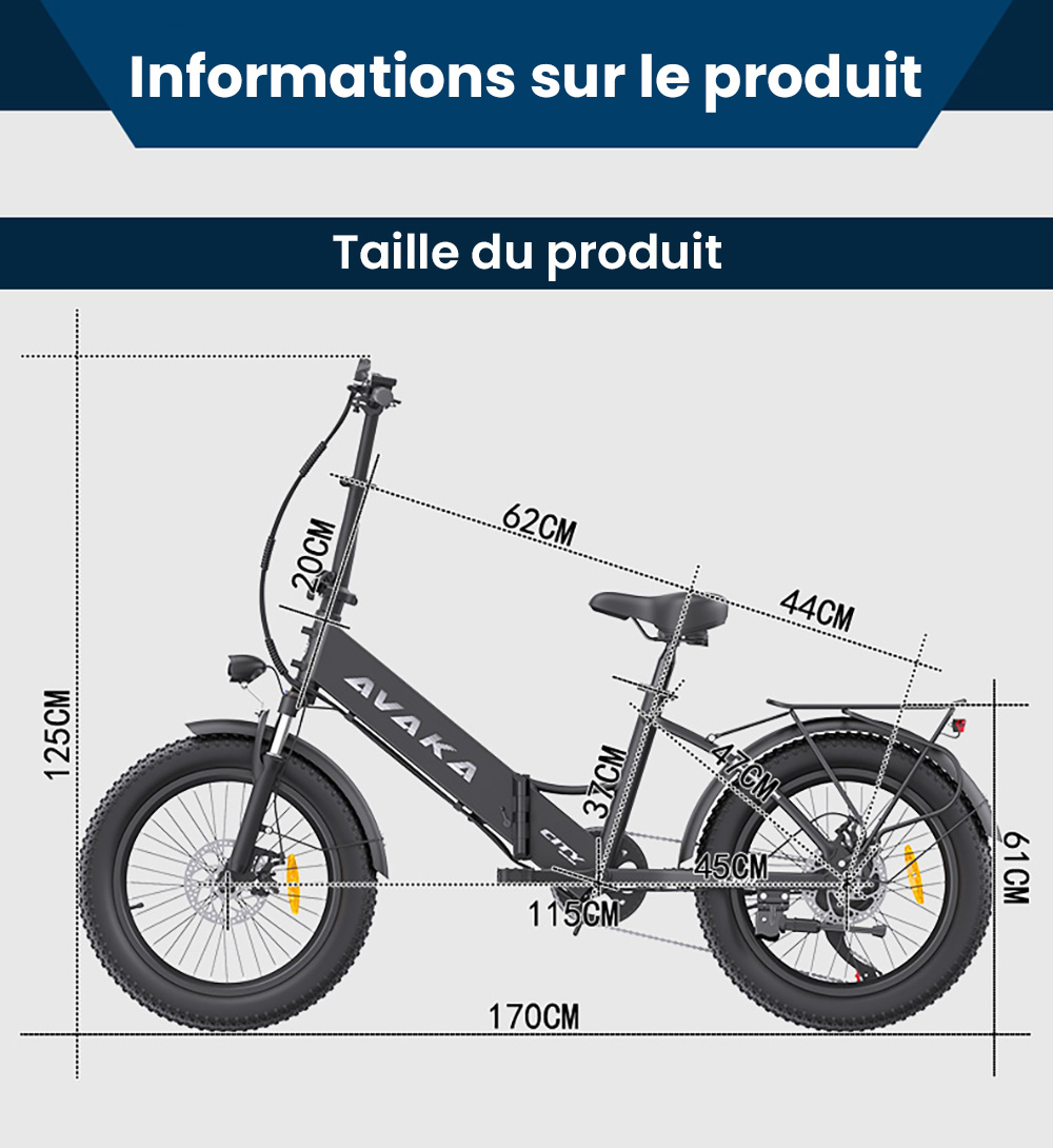 Vélo électrique pliable AVAKA K300, moteur 350 W, batterie 36 V 16 Ah, pneus 20 x 3,0 pouces, vitesse maximale 31 km/h, autonomie 100 km, freins à disque avant et arrière, écran LCD, SHIMANO 7 vitesses - Blanc