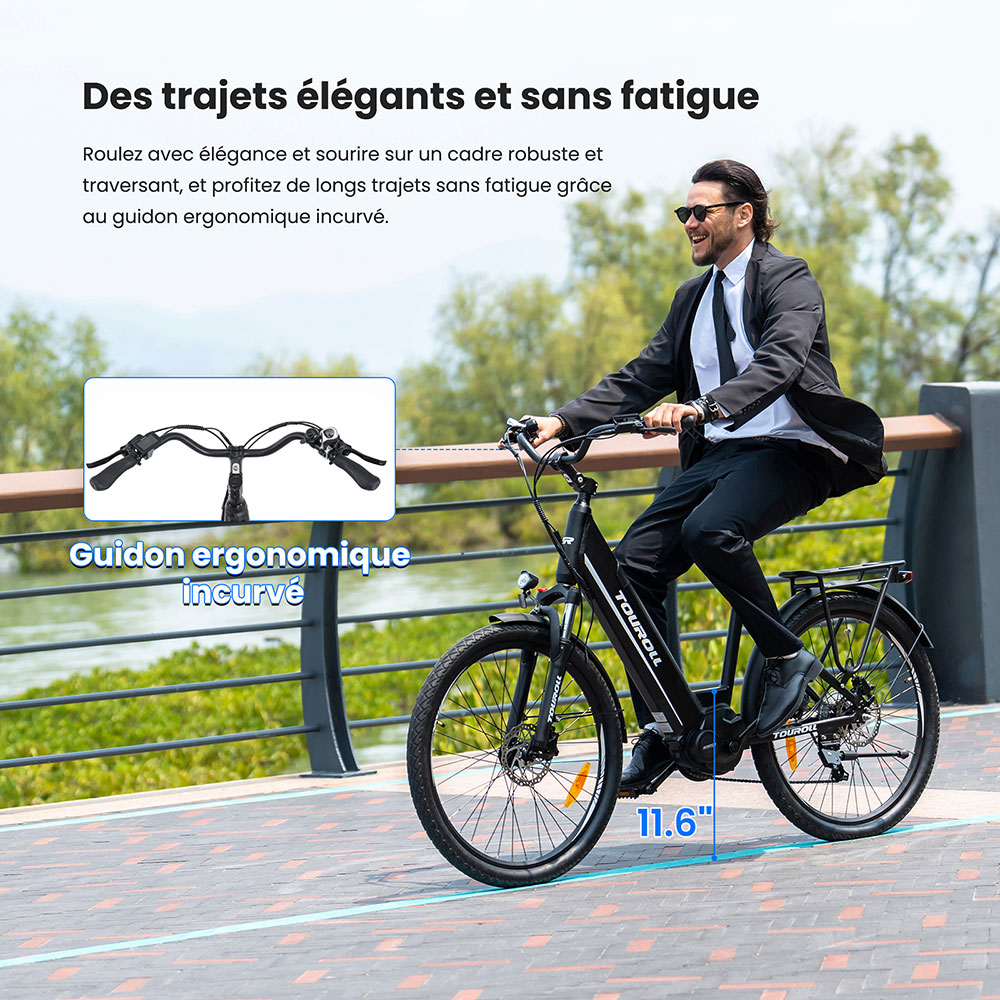 Touroll MA1 Vélo électrique, moteur central 250 W, batterie 36 V 13 Ah, pneus 26 pouces, vitesse maximale 25 km/h, autonomie maximale 110 km, freins à disque hydrauliques, fourche à suspension avec blocage, Shimano 7 vitesses