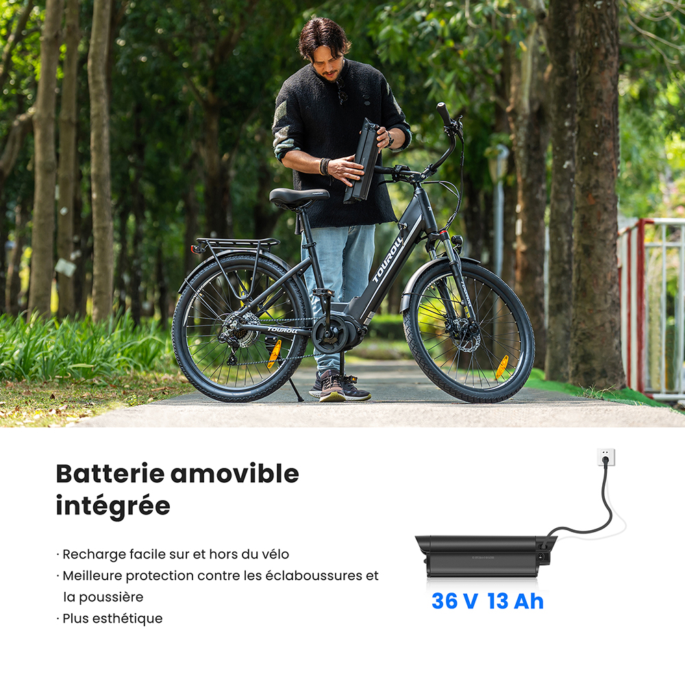 Touroll MA1 Vélo électrique, moteur central 250 W, batterie 36 V 13 Ah, pneus 26 pouces, vitesse maximale 25 km/h, autonomie maximale 110 km, freins à disque hydrauliques, fourche à suspension avec blocage, Shimano 7 vitesses