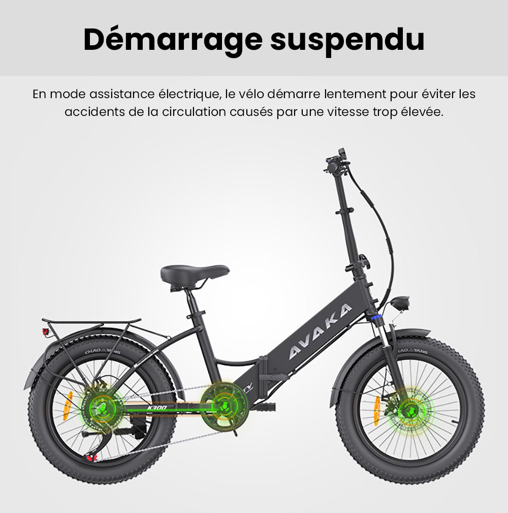 Vélo électrique pliable AVAKA K300, moteur 350 W, batterie 36 V 16 Ah, pneus 20 x 3,0 pouces, vitesse maximale 31 km/h, autonomie 100 km, freins à disque avant et arrière, écran LCD, SHIMANO 7 vitesses - Blanc