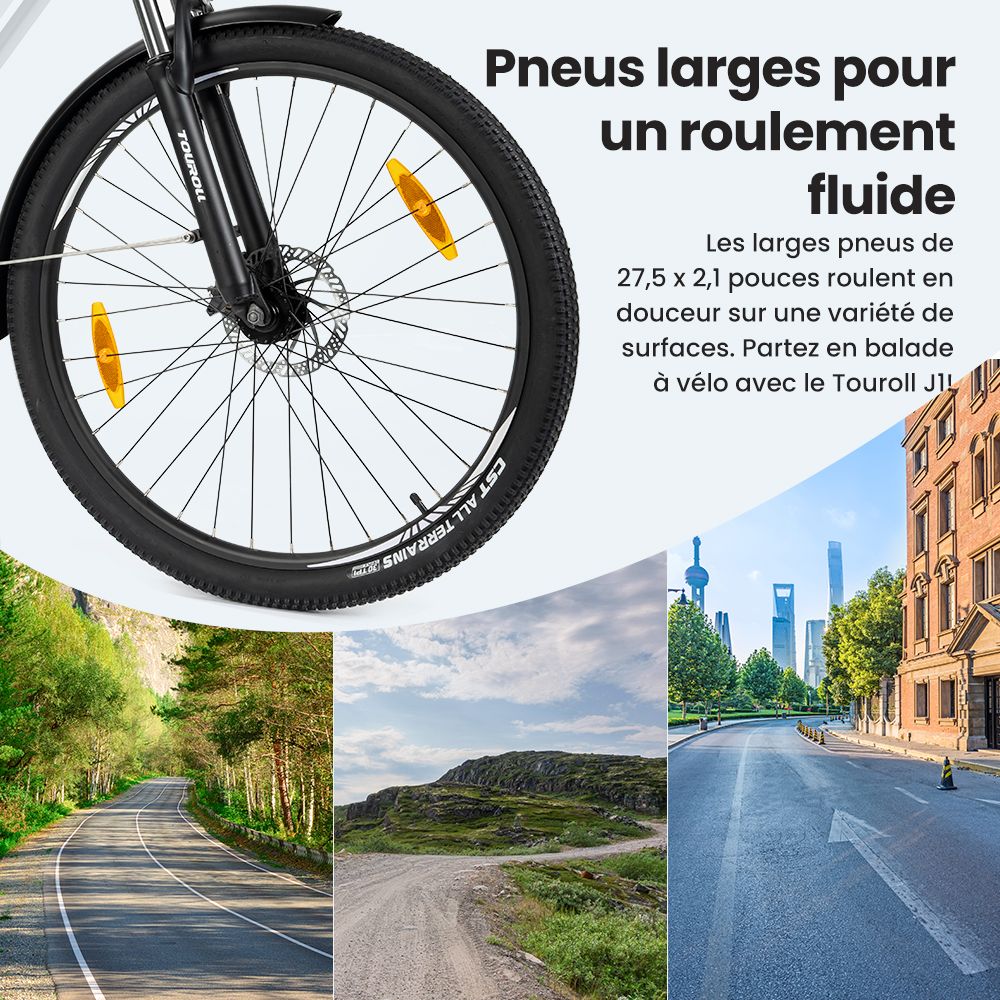 Touroll J1 Vélo de randonnée, 27,5 pouces, avec moteur 250 W, batterie 36 V 15,6 Ah, autonomie maximale 100 km, écran LCD 1,8